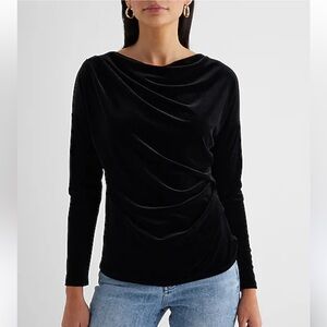 Express Black Skimming Velvet Draped Cowl Neck Ruched Side Top NEW size XS